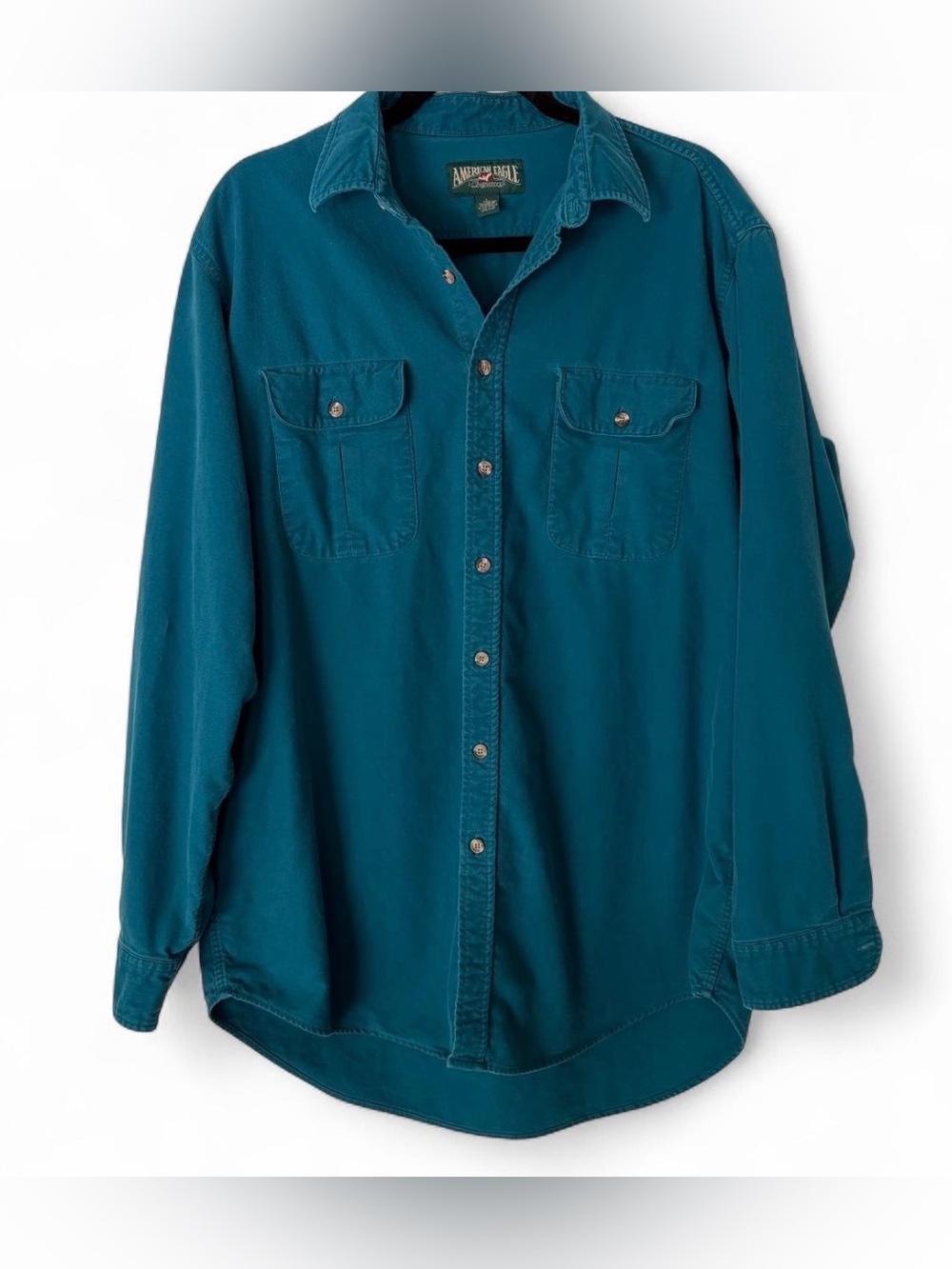 Vintage 90s American Eagle Teal Green Button Up Shirt – 100% Cotton L Tall